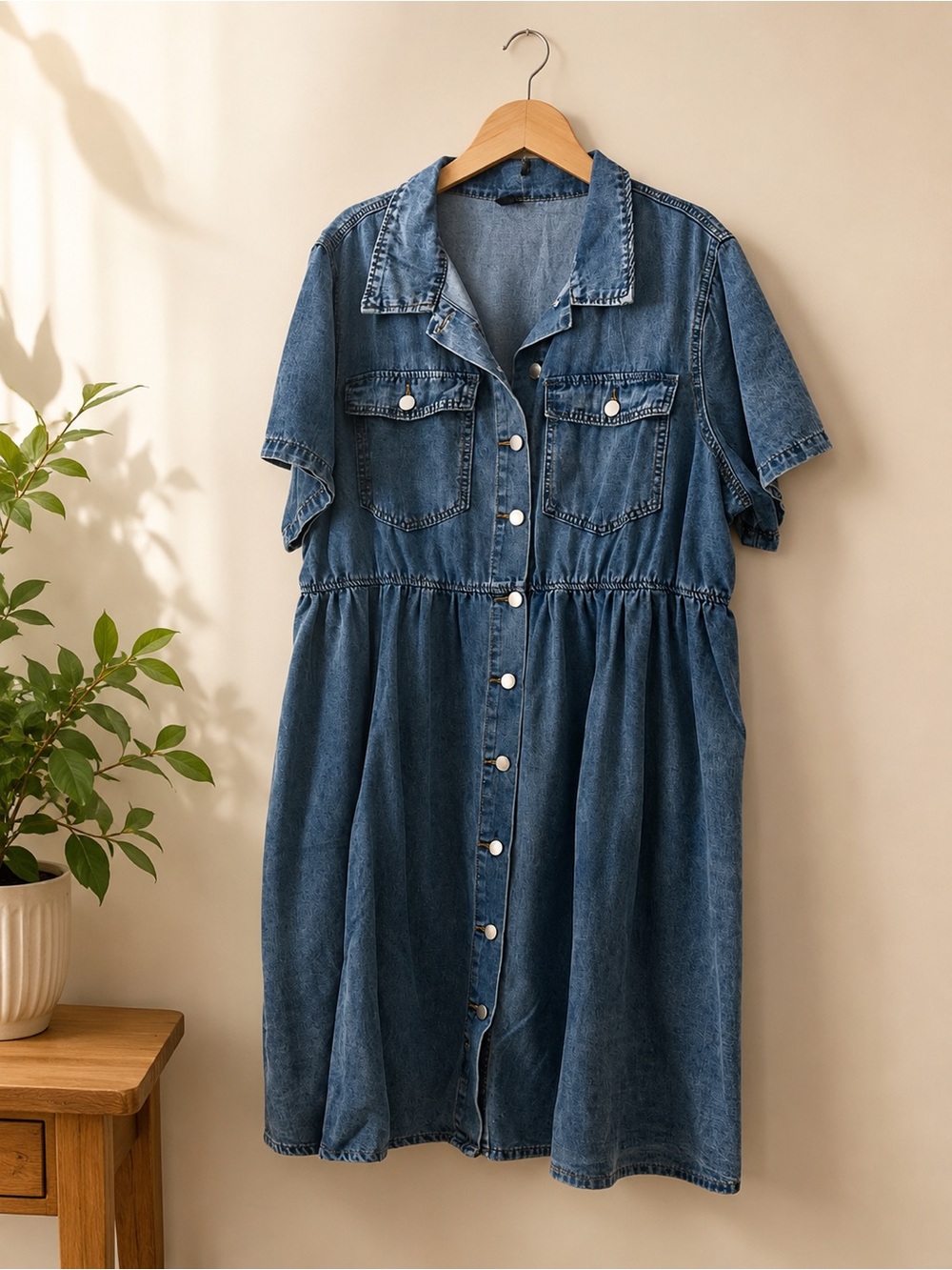 SHEIN Blue Denim Button-Front Short Sleeve Midi Dress